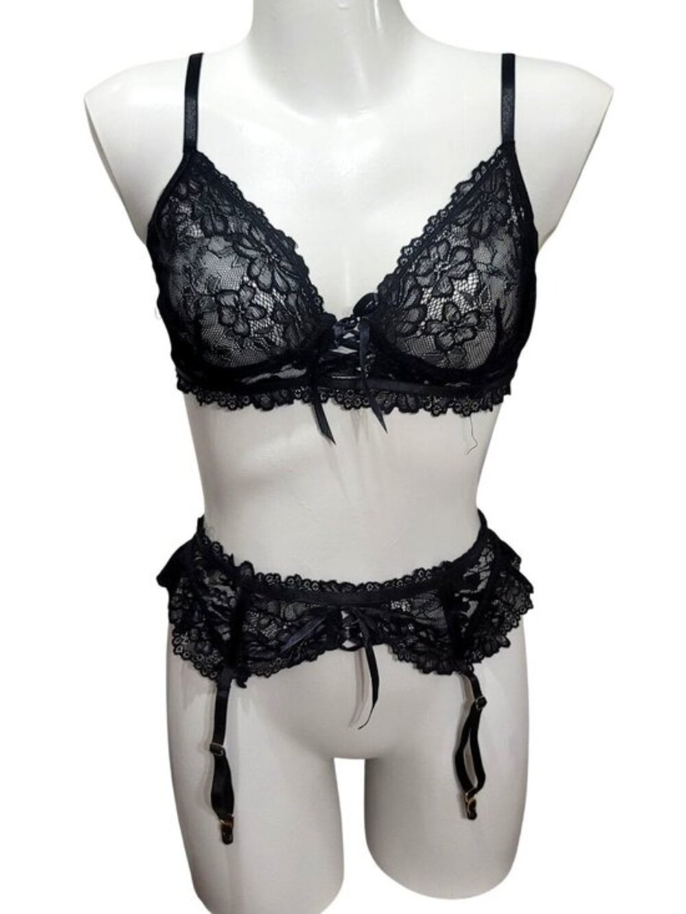 Lace Bralette Garter Set Black Lingerie Sexy Intimates L
